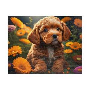 May include: A brown and white puppy with curly fur sits in a field of yellow and purple flowers. The puppy is looking at the camera with a curious expression.