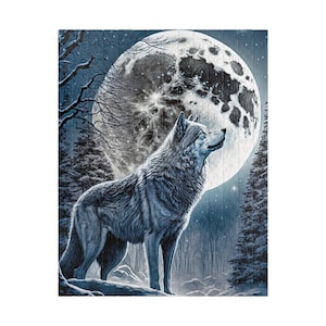 May include: A white wolf howls at the full moon in a snowy forest. The moon is large and bright, with a starry sky behind it. The wolf is standing on a snowy hill, with trees in the background.