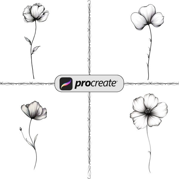 Poppy Flower Tattoo design, digital brush poppy flower design, 4 units, PNG + brush, Procreate poppy flower brush tattoo design, poppy