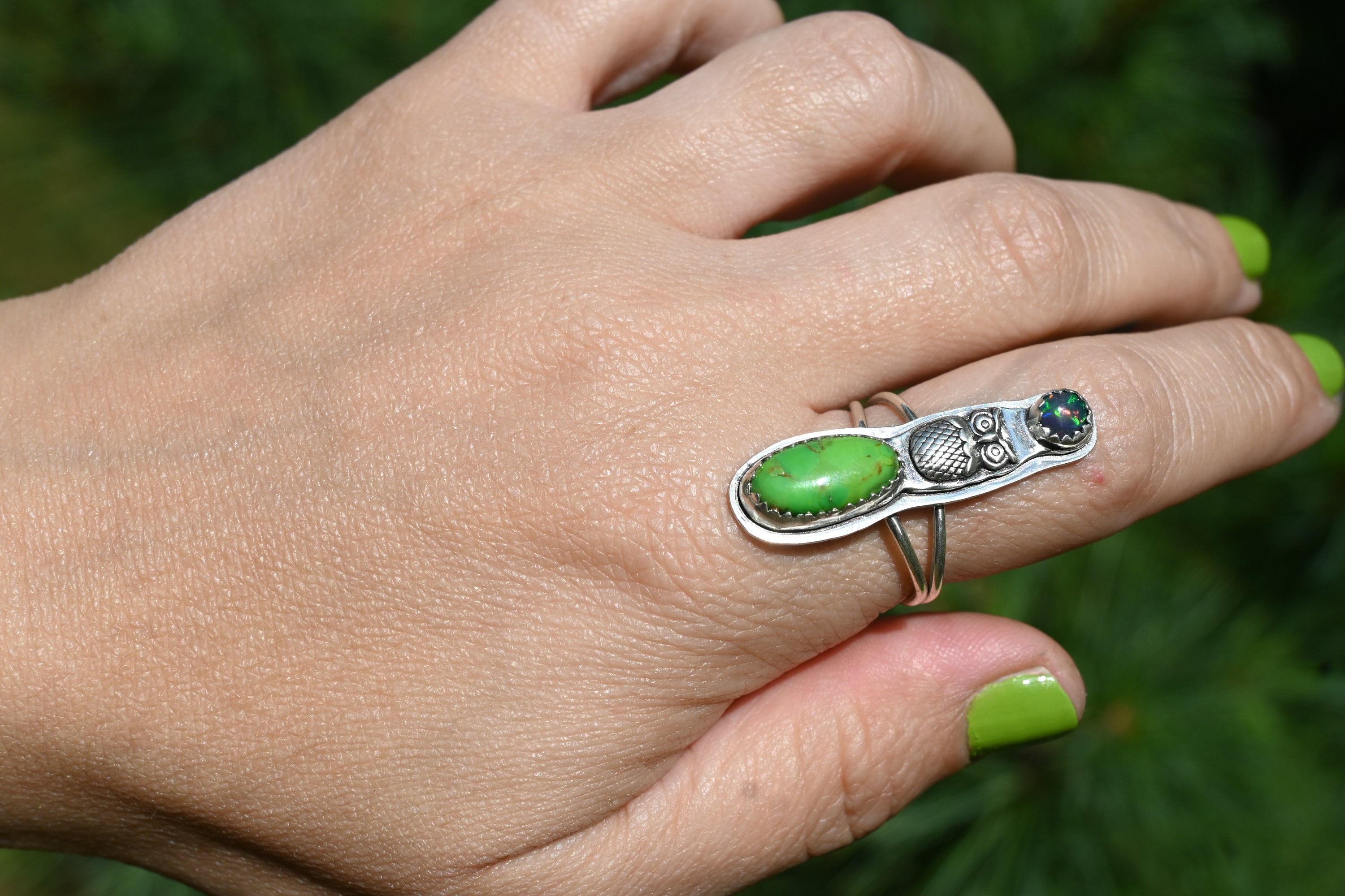 Green Turquoise and Opal Owl Ring