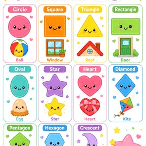May include: An educational poster titled SHAPES featuring colorful, cartoon-style illustrations of various geometric forms including a circle, square, triangle, rectangle, oval, star, heart, diamond, pentagon, hexagon, and crescent with cute faces.
