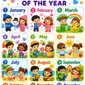 Op de afbeelding: Een kleurrijke educatieve poster met de titel MONTHS OF THE YEAR met twaalf genummerde vierkanten. Elk vierkant illustreert een maand met tekenfilmkinderen bij seizoensgebonden activiteiten, waaronder een sneeuwpop, harten, regen, bloemen, strandscènes en herfstbladeren.