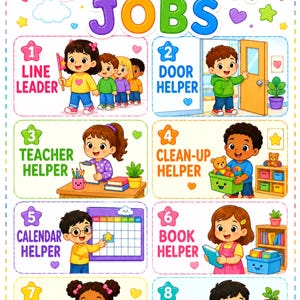 Può includere: Un poster colorato per i compiti in classe con otto sezioni numerate che mostrano illustrazioni di bambini che svolgono compiti come capofila, aiuto porta, aiuto insegnante, aiuto pulizie, aiuto calendario, aiuto libri, aiuto merenda e aiuto piante.