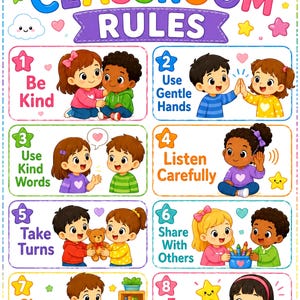 May include: A colorful classroom rules poster featuring eight numbered sections with cartoon illustrations of children. The text reads: Our Classroom Rules, Be Kind, Use Gentle Hands, Use Kind Words, Listen Carefully, Take Turns, Share With Others, Clean Up, Try Your Best, We are a team! We are kind! We are respectful! We can do it!