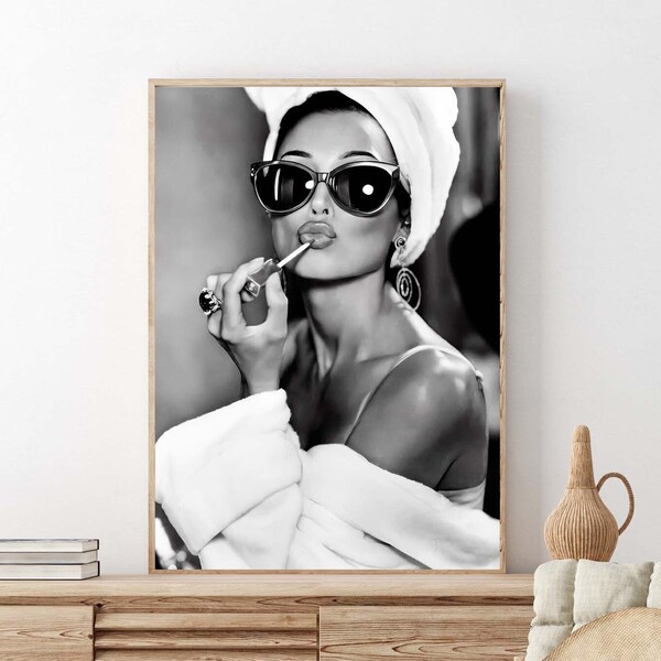 Audrey Hepburn Lipstick Wall Art, Black and White Print, Vintage Fashion Photo, Old Hollywood Art, Feminist Poster, Fashion Wall Decor