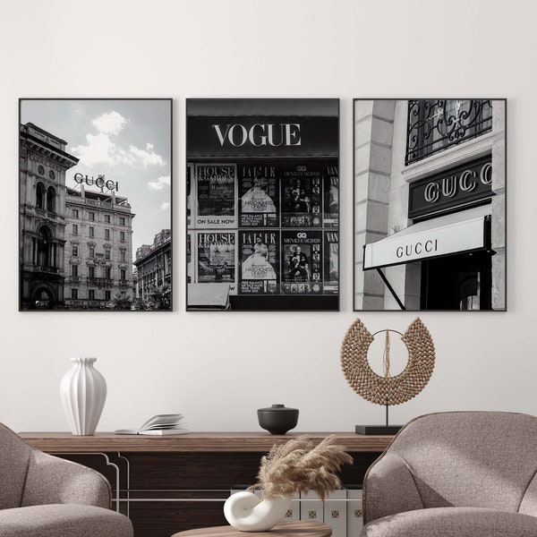 Set di poster digitali di marchi di lusso di 3, poster di stilista, arte da parete in 3 pezzi, arte da parete di moda in bianco e nero, moda di lusso