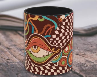 Colorful Psychedelic Mug 11oz 15oz, Eye Checkerboard Vibrant Artistic Coffee Cup