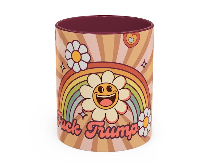 Featured listing image: Anti Trump Coffee Mug: Retro Floral Rainbow, Funny Political Gift