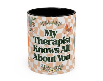 Funny Therapy Mug: Floral Checkerboard Design, Gift for Friends