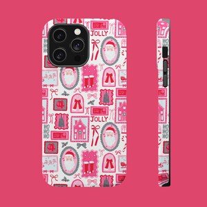 May include: A pink and white phone case featuring a repeating pattern of Christmas-themed illustrations. The design includes images of Santa Claus, houses, bows, and the word "JOLLY". The case is shown from the front and side.