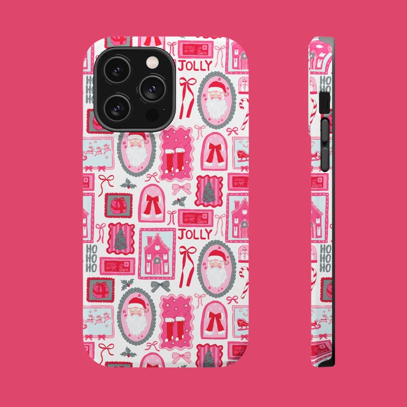 May include: A pink and white phone case featuring a repeating pattern of Christmas-themed illustrations. The design includes images of Santa Claus, houses, bows, and the word "JOLLY". The case is shown from the front and side.