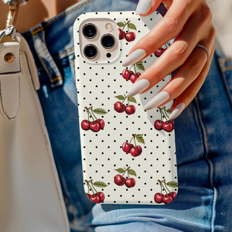 May include: A white iPhone case with a black polka dot pattern and a repeating pattern of red cherries.