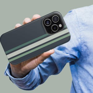 May include: A dark blue phone case with a white and green striped design. The case has a camera lens cutout with three lenses.