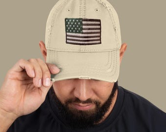 DISTRESSED AMERICAN Flag Hat_ Embroidered USA Vintage Baseball Cap_ Americana Patriotic Hat_ Neutral Khaki Style_Gift For Dad or Husband