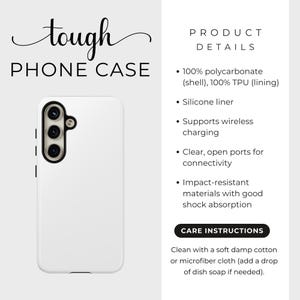 May include: A white phone case with a black camera module and the words "tough PHONE CASE" in black script. The product details are listed on the right side of the image.