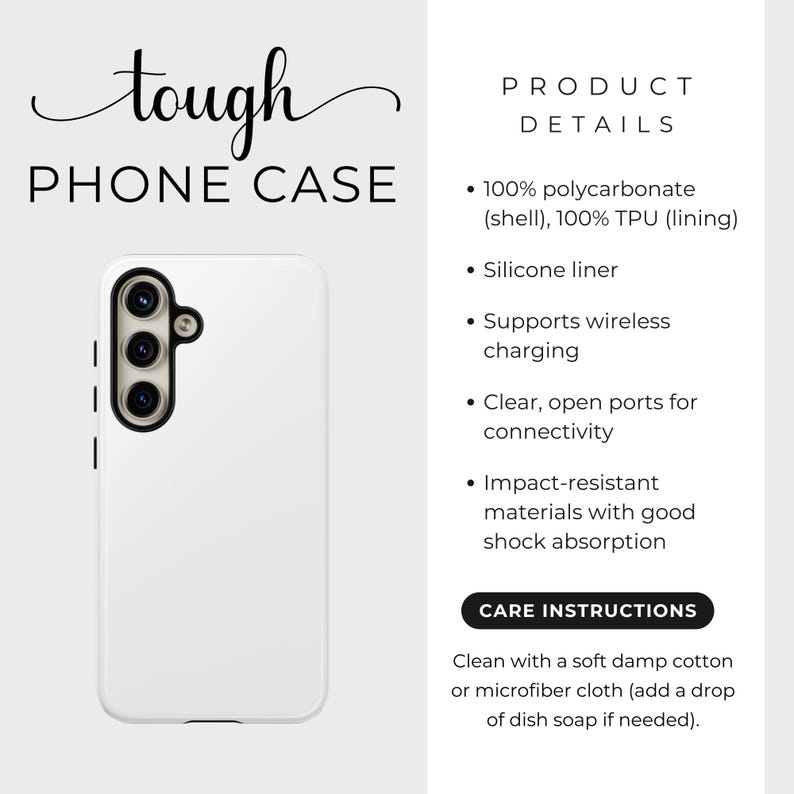 May include: A white phone case with a black camera module and the words "tough PHONE CASE" in black script. The product details are listed on the right side of the image.