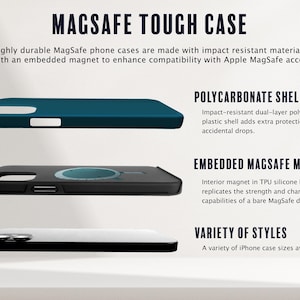 May include: A black and teal phone case with a built-in magnet for use with MagSafe accessories. The case is made of impact-resistant materials and has a polycarbonate shell.
