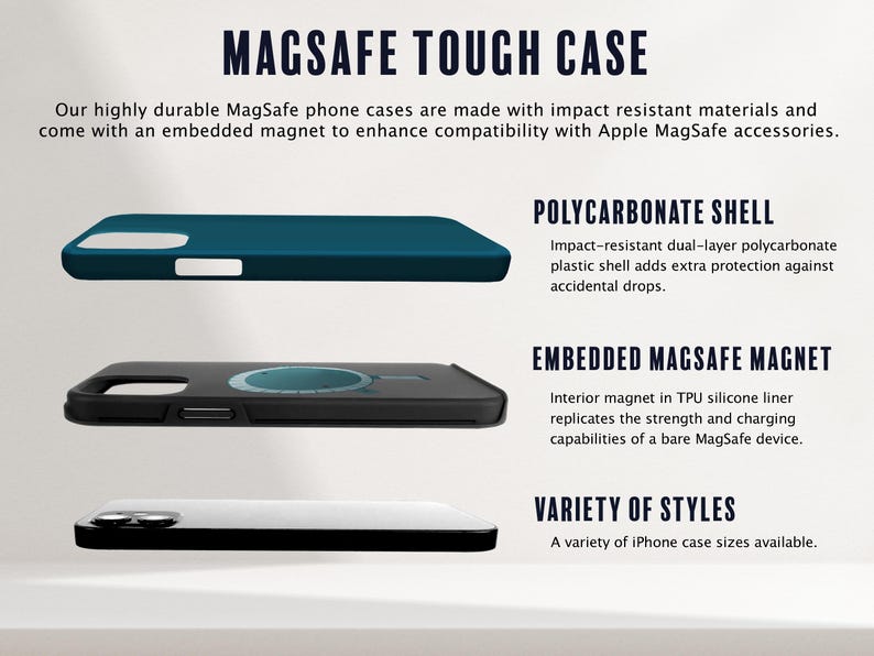 May include: A black and teal phone case with a built-in magnet for use with MagSafe accessories. The case is made of impact-resistant materials and has a polycarbonate shell.
