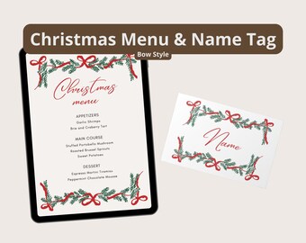 Personalized Christmas Menu & Name Tags Bundle Bows Style
