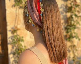 Handmade Red Keşan Bandana Pirate Style Hair Wrap Gold Color Coins Evil Eye Boho