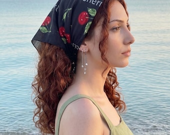 Black Cherry-Print Bandana, Y2K Hair Band, Coquette Headband, Cotton Neck Band