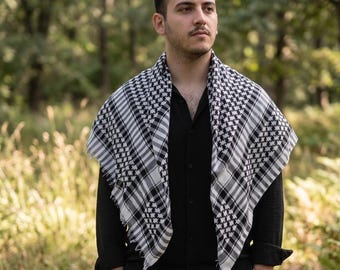 Lenço Keffiyeh Curdo Tradicional em Algodão Preto e Branco