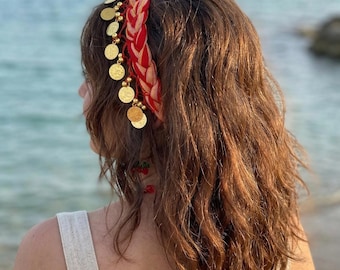 Handwoven Cotton Braided Bandana - Crocheted Gold Coin and Beaded Hair Band - Boho Hair Accessory