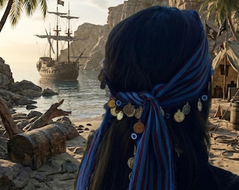Pañuelo turco pirata con monedas de oro y ojo turco estilo boho.