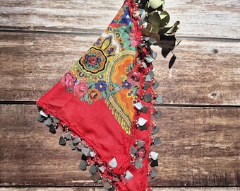 Handmade Red Kurdish Bandana: Crochet Yazma with Gray Heart Sequins