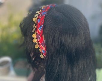 Handwoven-Metal Coin Bandana-Turkish Hair Accessory-Braided Hair Clip-Bohemian Bandana