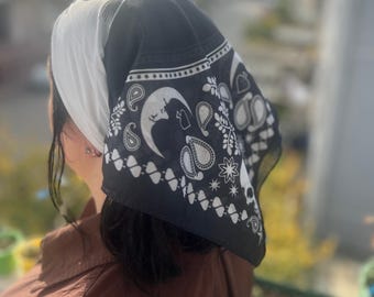 Gothic Skull Bandana - Black and White Cotton Headscarf - Motorcycle Bandana - Square Scarf