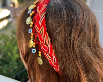 Red Braided Headband: Turkish Gold Coins & Evil Eye Charms - Boho Hair Accessory