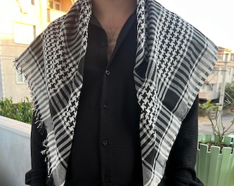 Authentic Palestinian Kufiya - Traditional Black White Keffiyeh - Handwoven Scarf Shawl Classic Checkered Pattern Keffiyeh