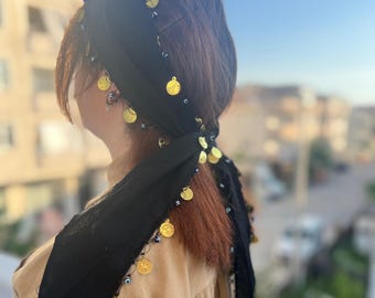 Turkish Handmade Black Scarf Bandana - Black Sea Crochet Details with Evil Eye Beads and Lira Coins