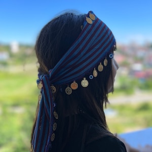 Black Sea Inspired Hair Bandana | Bordo & Navy Edges, Gold Lira Details, and Nazar Amulet for Fashion - Protection!