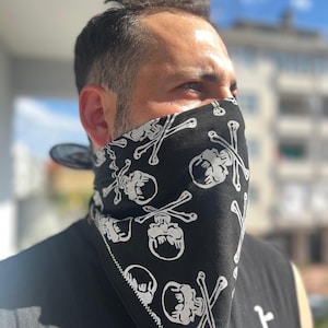 Black Skull Bandana | Unisex Pirate Bandana | Gothic Accessory | Biker Bandana | Square Bandana | Skull Print