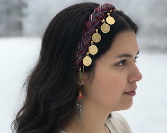Turkish Money Hair Band | Boho Braided Hair Accessory | Burgundy Blue Cotton Bandana