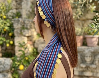 Handwoven Cotton Nazar Bandana with Coin Embellishments Turkish Crochet Headscarf Striped Hair Accessory