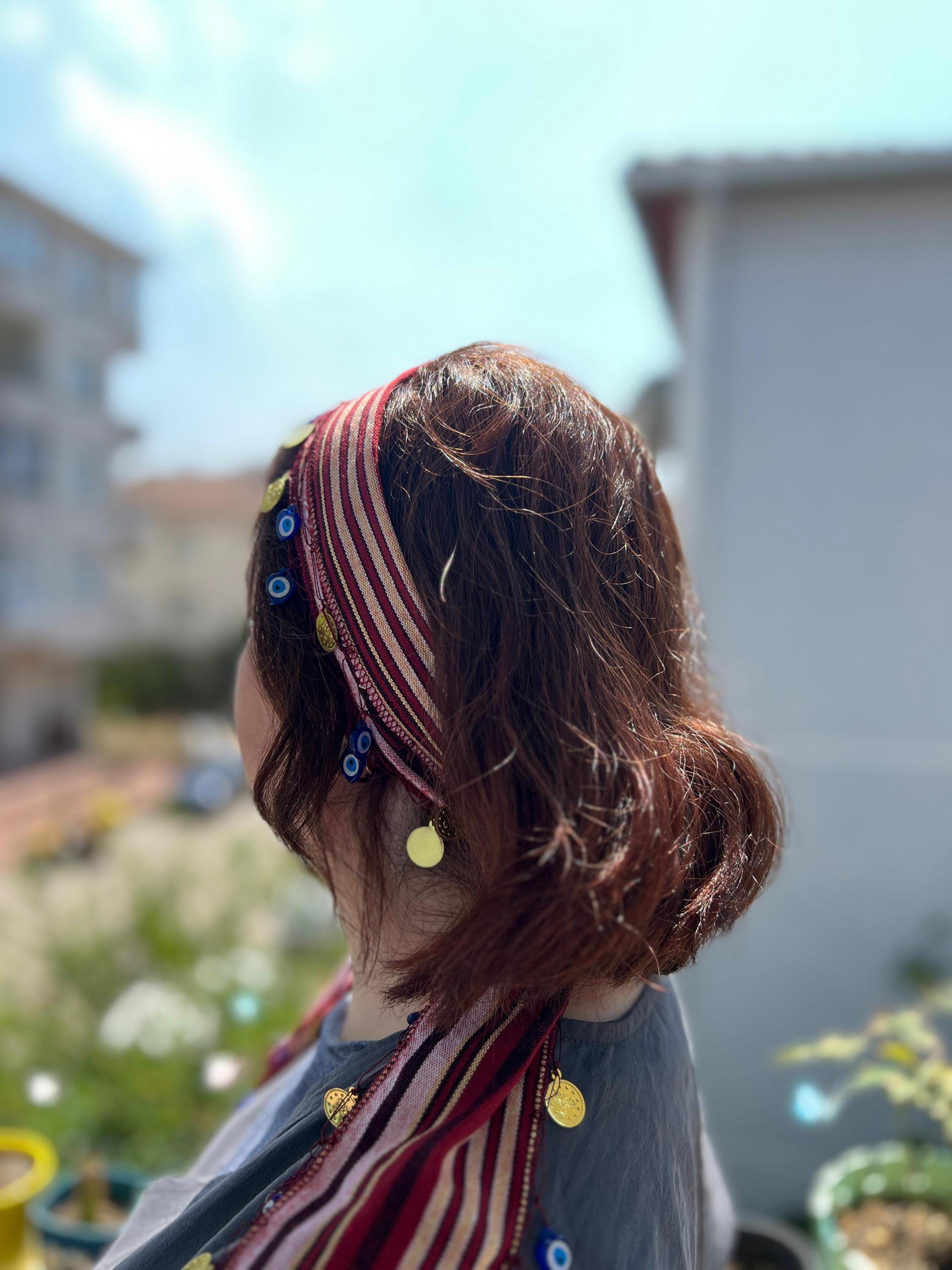 Boho Turkish Headband: Handwoven Cotton Scarf With Evil Eye & Gold