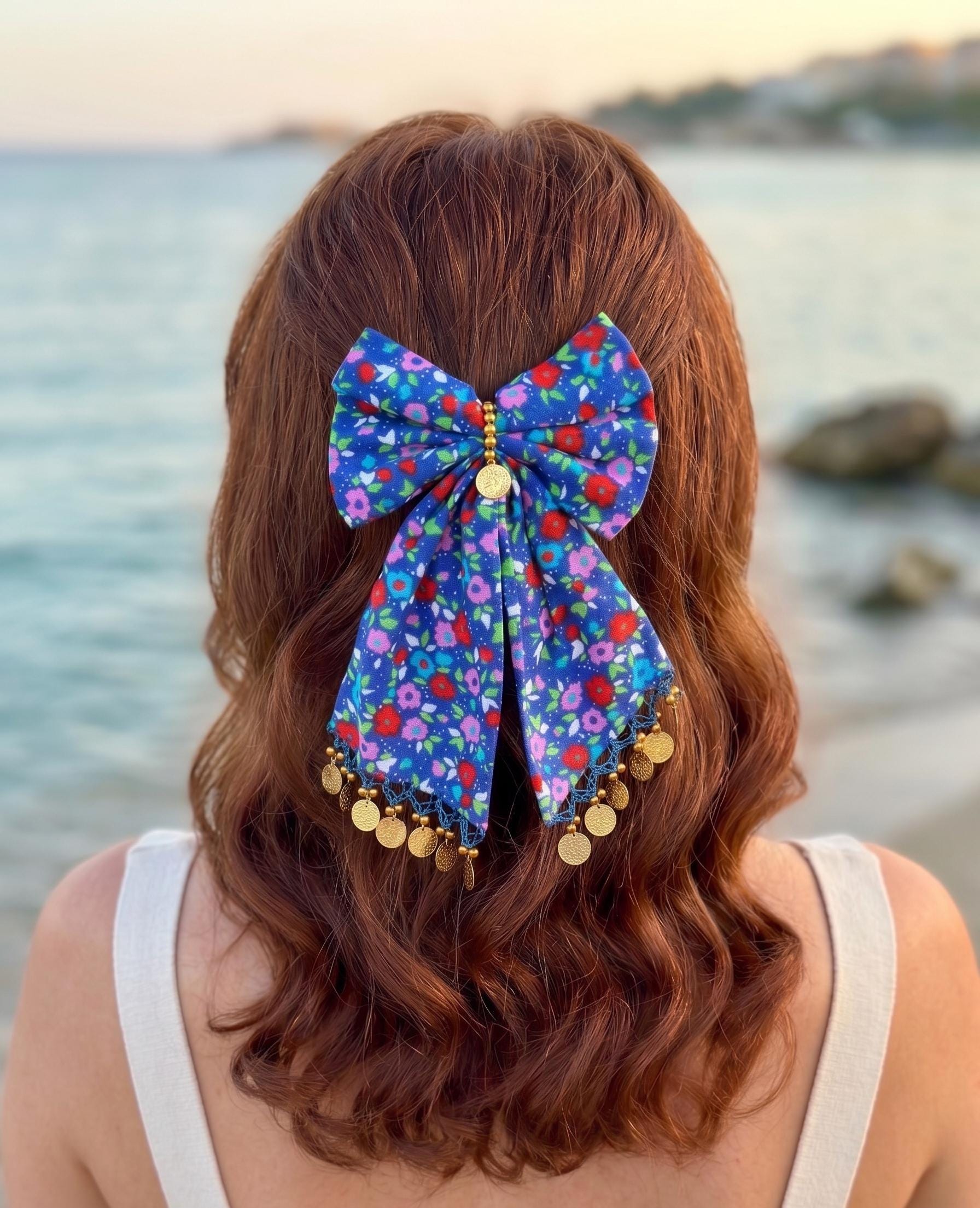 Hair Bow - Decorated With Dangling Gold Coins - Cotton  display picture 3