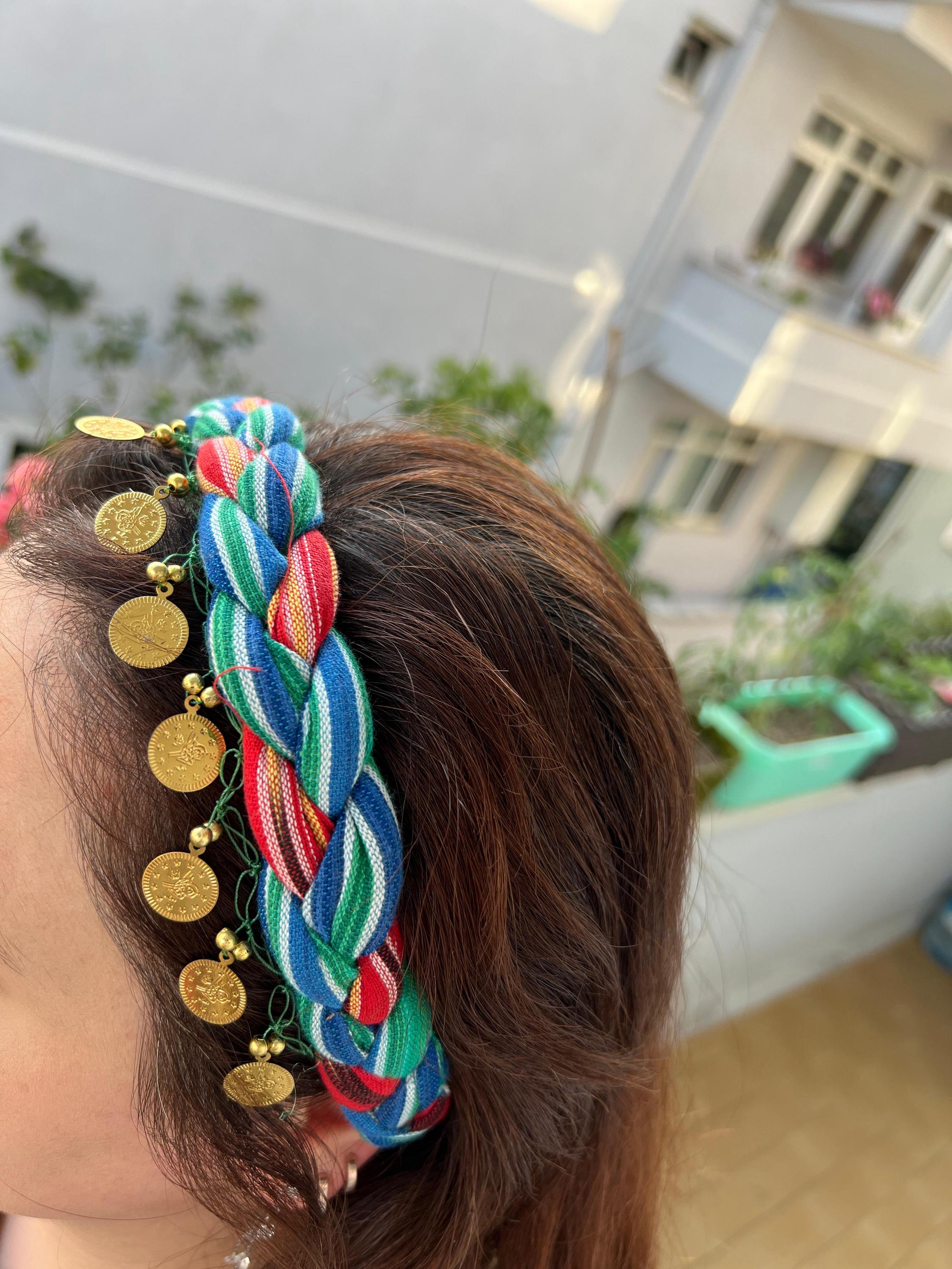 ハンドメイド確認用 ゴールドコインの手編みコットンヘアバンド | 緑、青、赤、黄色の