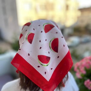 May include: A white bandana with a red border and a repeating pattern of watermelon slices and seeds. The bandana is tied around the head, with the red border framing the face.