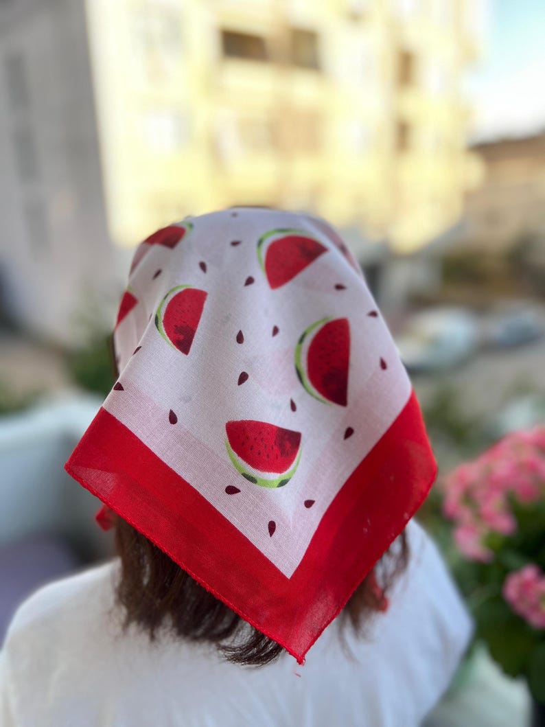 May include: A white bandana with a red border and a repeating pattern of watermelon slices and seeds. The bandana is tied around the head, with the red border framing the face.