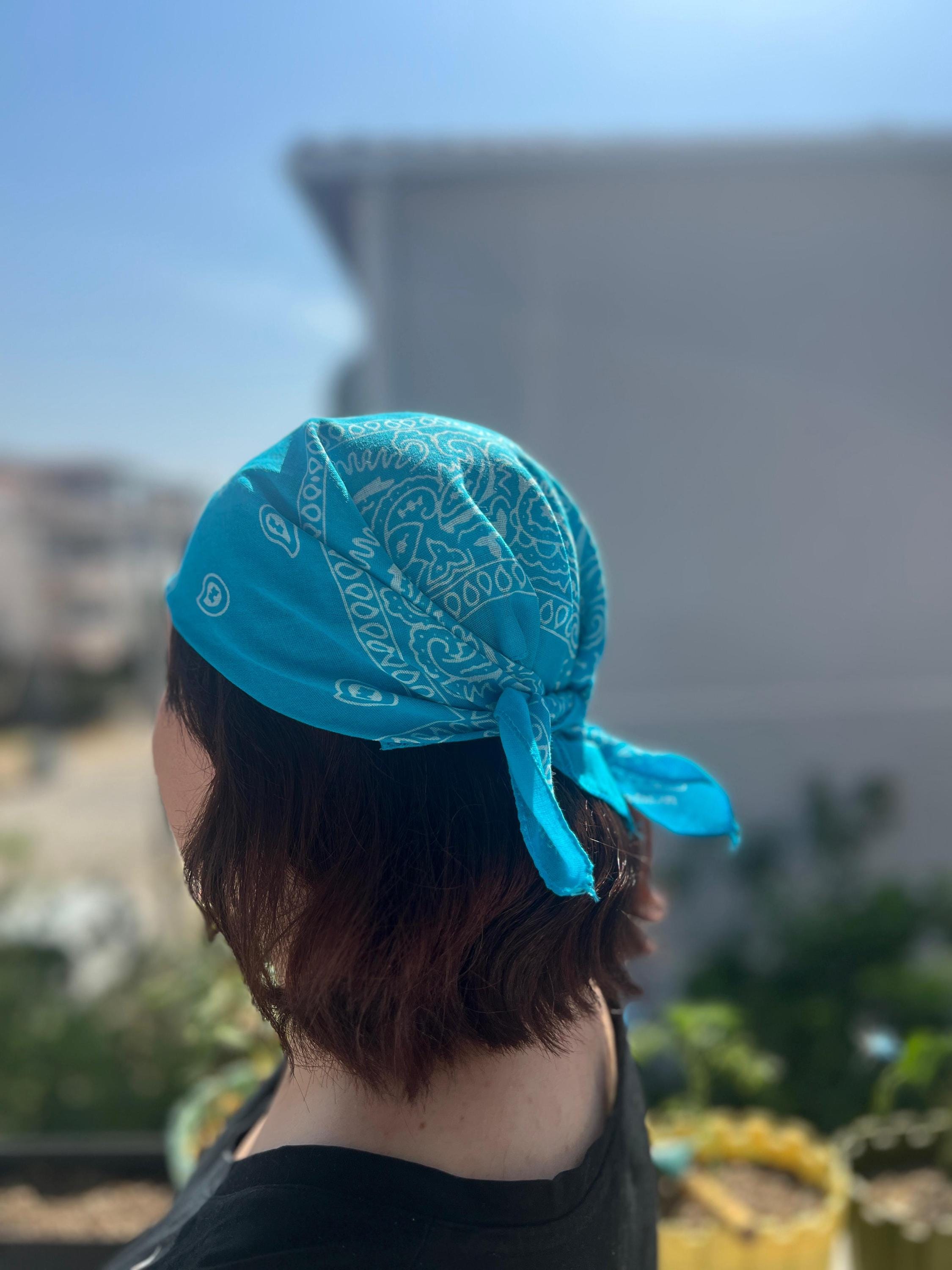 ターコイズペイズリーバンダナ：100%コットンボヘミアンヘアラップ