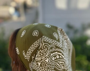 Olive Green Paisley Bandana: 100% Cotton Boho Head Scarf - Etsy display picture 2