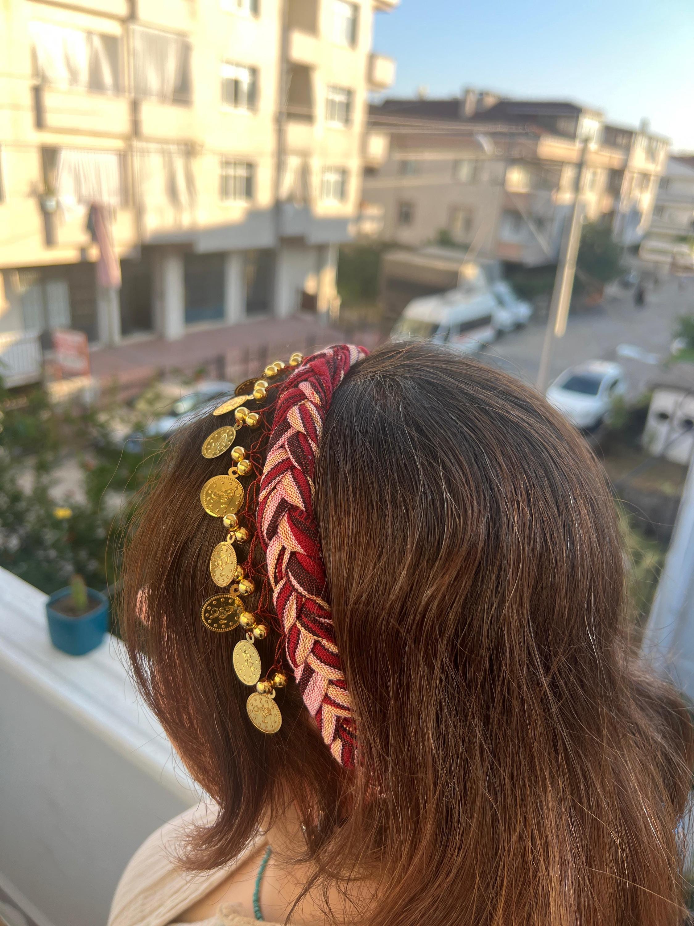 Red braided suede tie headband with beads and charms Red Braided Headband Handmade Boho Hair Accessory With Gold  main image 2