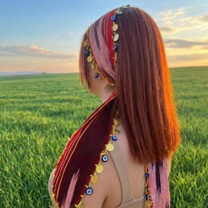 Turkish Keşan Bandana: Red Headscarf with Evil Eye Beads & Gold Coins