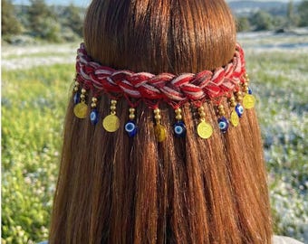 伝統的なトルコのケシャンバンダナ、ニットナザールビーズヘアバンド