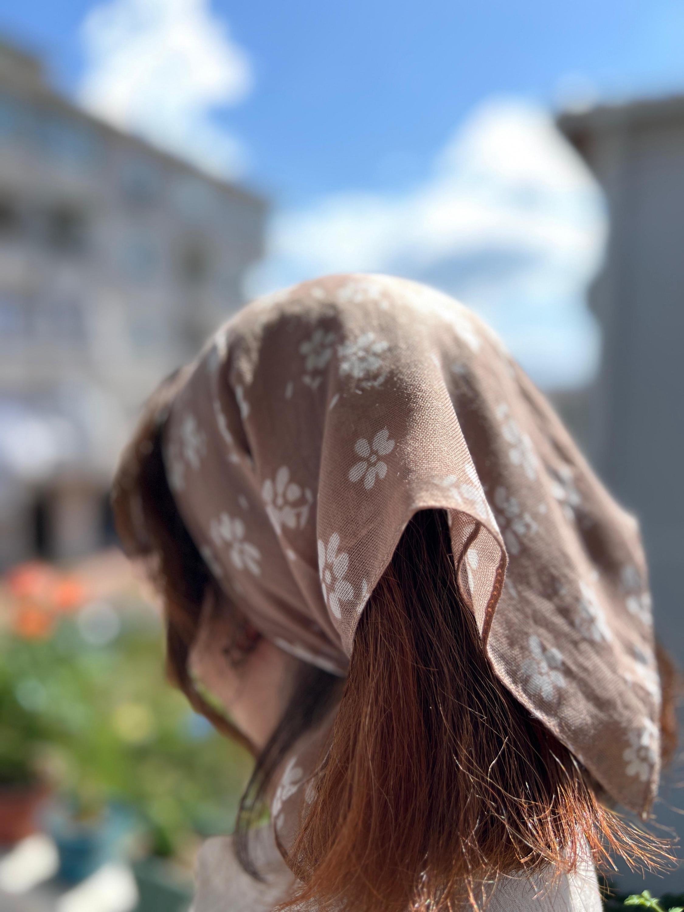 Taupe Floral Bandana: Cream Flower Print Cotton Head Scarf - Etsy