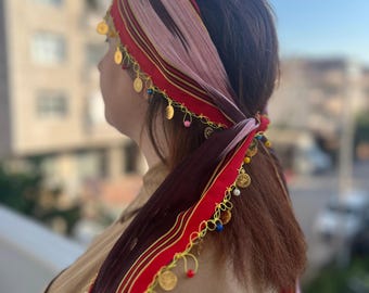 Elegant Hair Bandanna in Kashan Tones with Fine Lira Decorations - One Piece!